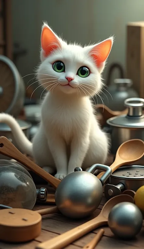 Super realistic A white cat, with bright green eyes, sits atop a chaotic pile of kitchen utensils. Pots, pans, and wooden spoons are strewn about, creating a playful and slightly mischievous scene. The cats expression is curious, as if its contemplating th...