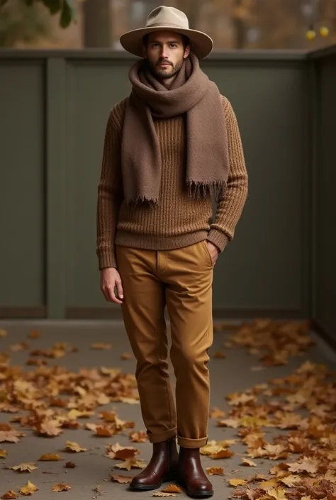 Combination 1:  Autumnal Elegance
Top garment : wool sweater.

Undergarment : Corduroy pants .

accessories:  Cashmere scarf and wool hat.

footwear: leather boots.