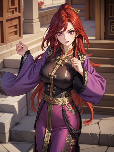 My sweet vampire (, thin, black and red hair) lies on his crypt, joy, colmillos, purple eyes, purple hanfu, elegant, Ancient China, Chinese national costume,mermaid, chained, handcuffs 