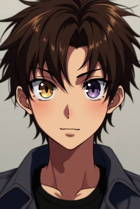 Handsome brown-haired boy , heterochromia eyes,  one eye gold and the other dark purple, both slanted eyes , with a piercing gaze, big nose, wide chin , pronounced cheekbones,  Thick lips, bushy eyebrows ( anime style)