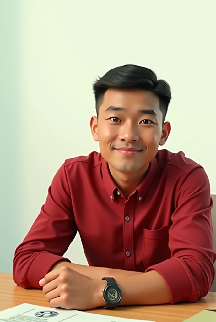 a young Indonesian man with short black hair, round face, medium eyes, sitting at the table with a confident expression. He wore a red, long-sleeved button-up shirt, as well as a watch on his left wrist. The background is simple and the lighting is soft, c...