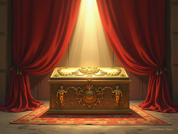  A detailed depiction of the Tabernacle , showing the Ark in the Holy of Holies .  The curtain of separation is slightly open,  revealing the Ark under a beam of light ,  with golden cherubs adorning its lid .