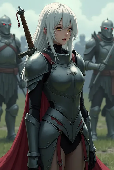 a tired young female knight of about 23 years age resembling (Erza Scarlet:Motoko Kusanagi) with soft features, medium length white hair and golden eyes, with a sword sheathed at her back, in an orc encampment, wearing a black bodysuit underneath the armor...