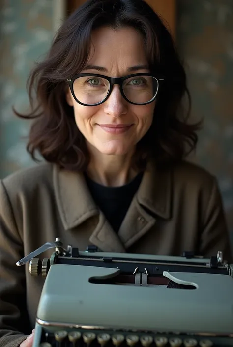 
A communist writer, Which is holding a typewriter ,  she lived during the GDR , Has dark brown , shoulder-length, straight hair and glasses, Is around 45 years old ,  she looks at the camera and smiles slightly   