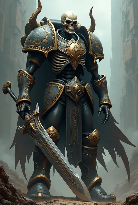 A skeleton with an epic sword and even more epic and cool armor from Warhammer 40000