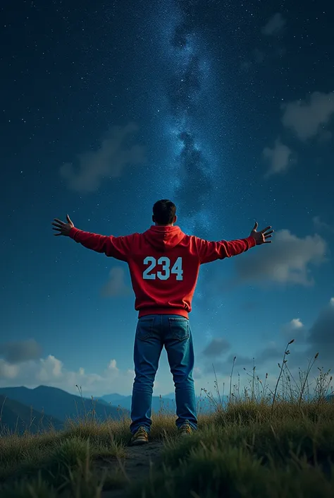 a man wearing a red hoodie t-shirt that says "234" on the back, wearing jeans and jungle gold shoes, is standing on a hill with a sky full of stars, and spreads his arms, real, super HD.