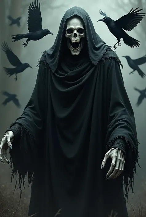 Bone-faced Wendigo ,  wearing a black robe and crows