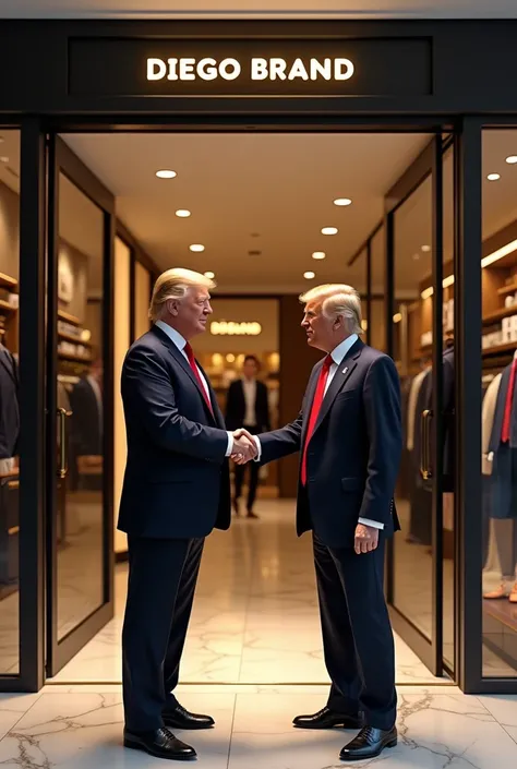 Clothing and shoe store with the written name of DIEGO BRAND and Donald Trump greeting businessman Diego Brand 