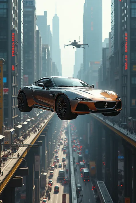 Car flying over the city
