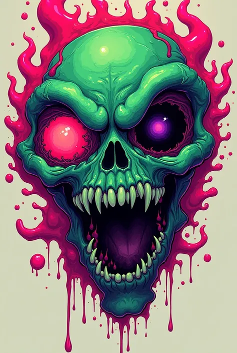 a neon green and neon red monster face with purple, with very big eyes, hardcore electronic music, a horrific and fluid illustration, a realistic splash art design, a plain background, stay in the frame, inspired by Alex Pardee , an angry pink bubble, spla...