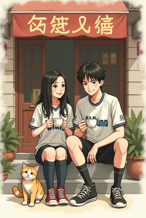 Create a image Sketch a picture of two people jersey named Tanha female and Borhan male sitting in front of a Tong tea shop, holding their cups of tea and a cute cat sitting next to them. Write their name on the jersey