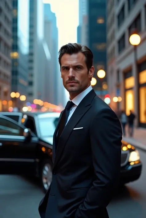 a man with short dark hair and a smooth face without stubble, stands full-length on the street surrounded by glass facades of a metropolis with evening lighting, an elegant pose, a calm look, a luxury limousine with an open door at the back, photorealism, ...