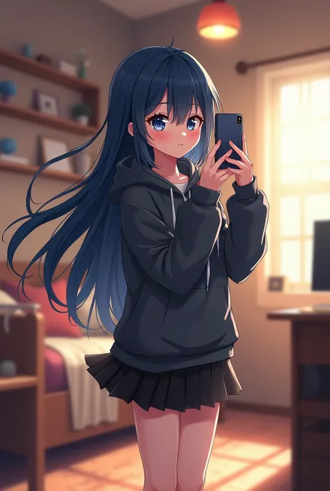 20-year-old anime girl long bluish black hair dark blue eyes a short black skirt a dark gray hoodie with the phone in her hand take a selfie in an anime-style apartment My Hero Academia 