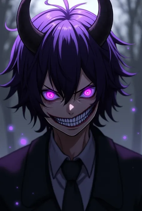  Generate the character Kokichi Ouma with the horns of a devil , menacing smile.  I need the art to have a touch of something very disturbing! It can be realistic if you want to ! Make purple hair and purple eyes faithful to the character!!! 