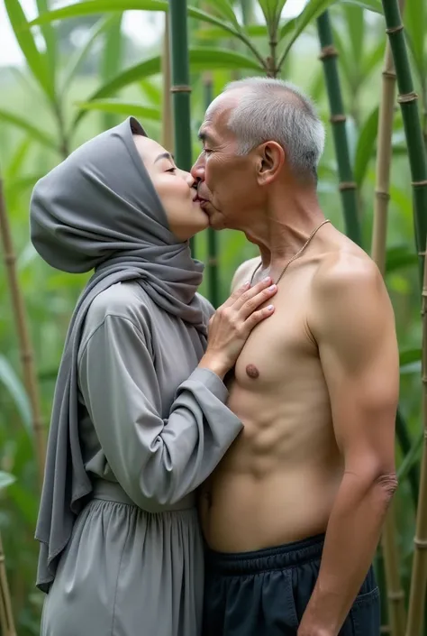 Sex photo graphy. Young Korean girls naked, slim and huge breasts, wearing grey hijab with freckles on his face nerdy rocker kissing naked old Asian man in bamboo post middle of  ricefield plantation 