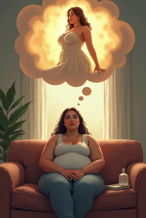  An overweight woman is sitting on her couch at home , with a dreamy and hopeful expression ,  imagining a leaner and more confident version of herself . Above your head,  a thought bubble shows this idealized version : She looks beautiful ,  wearing an el...