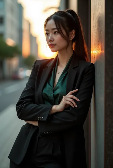 Luxurious style of the piece, a gorgeous Japanese woman with long hair in a high ponytail, dressed in a strict black pantsuit, dark green silk shirt showing her breasts, unbuttoned fitted jacket, standing with her arms crossed on her chest, leaning back ag...