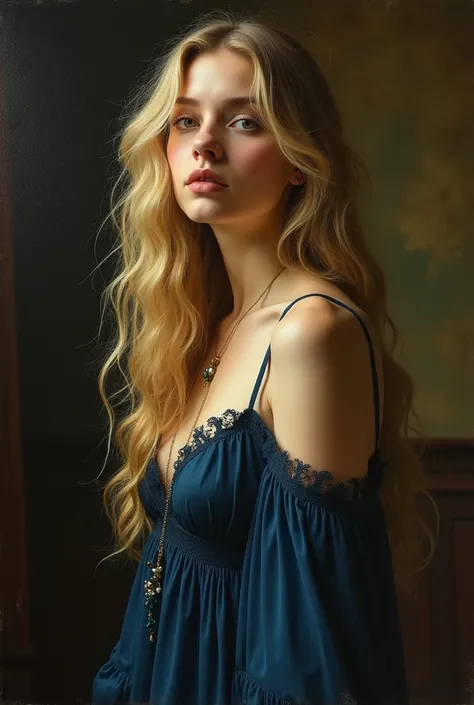 Classical oil painting in Impressionism style, Closeup portrait of a boho woman with long wild blonde hair, standing alone in a dark room, fine art painting, piercing black eyes, wearing a indigo nightgown, exaggerated anatomy, intricate details in her hai...