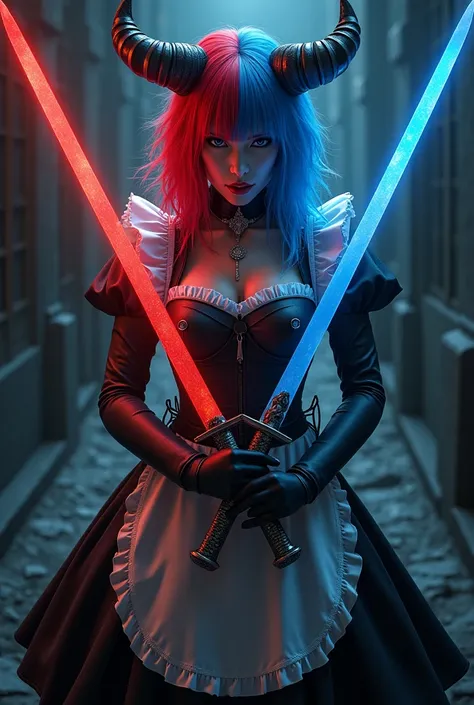 Red-haired, blue-haired maid dress, black eyes, holding a pair of red and blue swords, wearing a demono outfit.