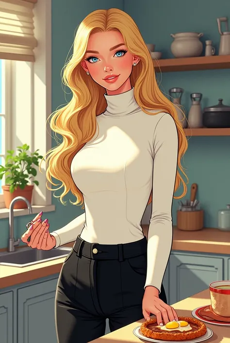 Une magnifique femme blonde avec de longs cheveux blonds jusquen bas, du dos, magnifique et de petits yeux bleus de 30 ans visible qui porterait un pull à col, roulé blanc, magnifique et un pantalon noir. Elle serait dans sa grande et magnifique cuisine en...