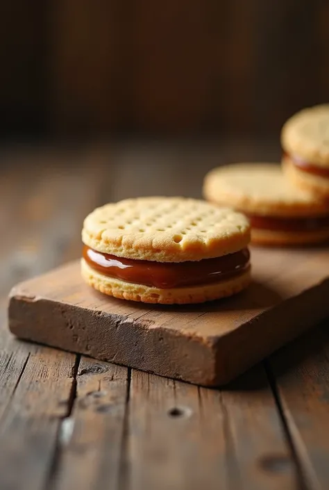 On a rustic wooden table there is a matte, Thermo y Alfajores 