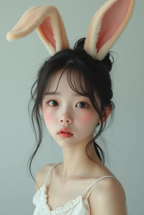 (photorealism:1.2), bunny hybrid Asian girl. Age 17. Cute, soft features 
