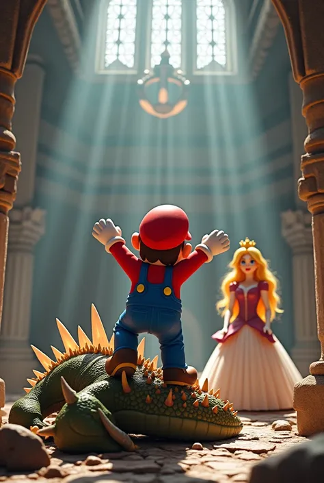 Mario managed to defeat the Dragon and free the Princess. 