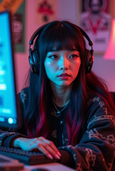  a 25-year-old woman,  long straight black hair with fringe and red highlights on the ends of the hair, mouth and ear piercing . egirl makeup, Do it in a nerds room, Playing on the computer doing live streaming 