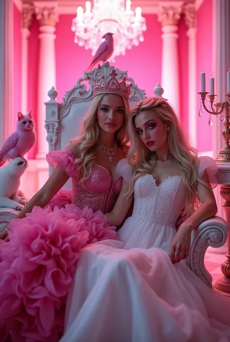 "A full-body shot of a post- scene in a palace bathed in neon pink lighting. A drunken queens with a careless expression, wearing a layered pink and white dress (predominantly pink), leans standing nonchalantly against an all-pink throne. Her rose-gold cro...