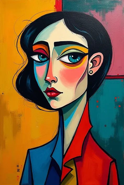 portrait femme, dessin, style Picasso, beaucoup de couleurs