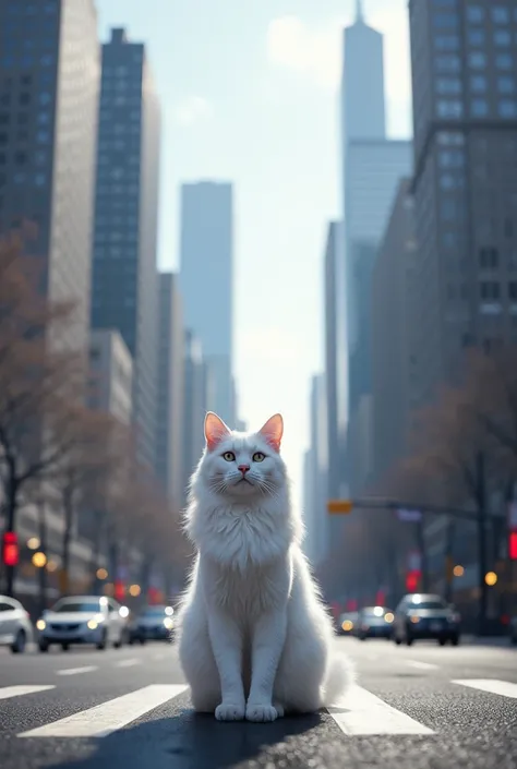 A white cat in the middle of city road