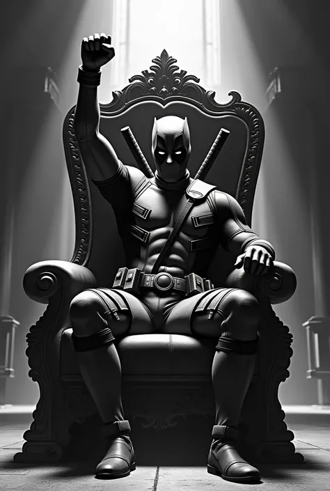 Make an image of Deadpool,  raising his right arm on a throne making the image of "The council has decided" ( in black and white)