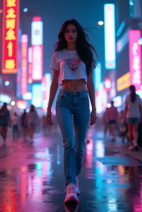 The photo depicts a young woman walking through the city at night, set against a neon-lit urban backdrop. She has long dark hair and is wearing a white crop top with a graphic design, blue jeans, and white sneakers with pink accents. The overall aesthetic ...