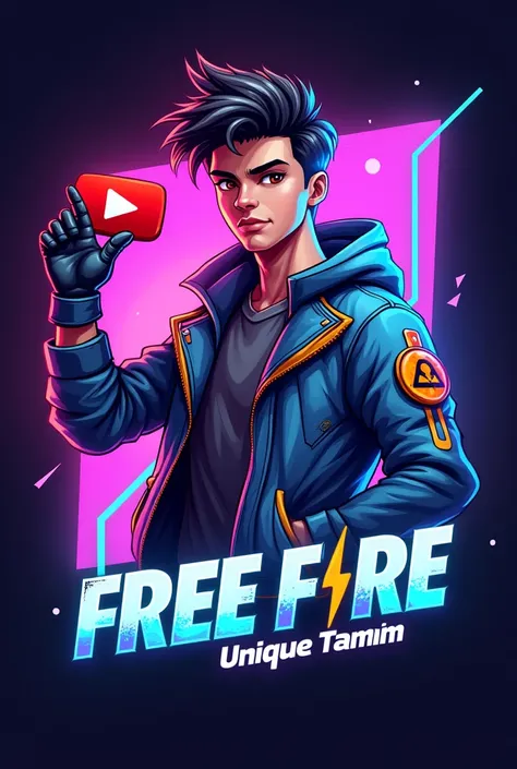 Create a dynamic and modern gaming logo featuring a Free Fire character with a youthful, confident appearance. The character should be based on the Free Fire universe, but with a unique twist to make them look more futuristic and stylish. The character sho...