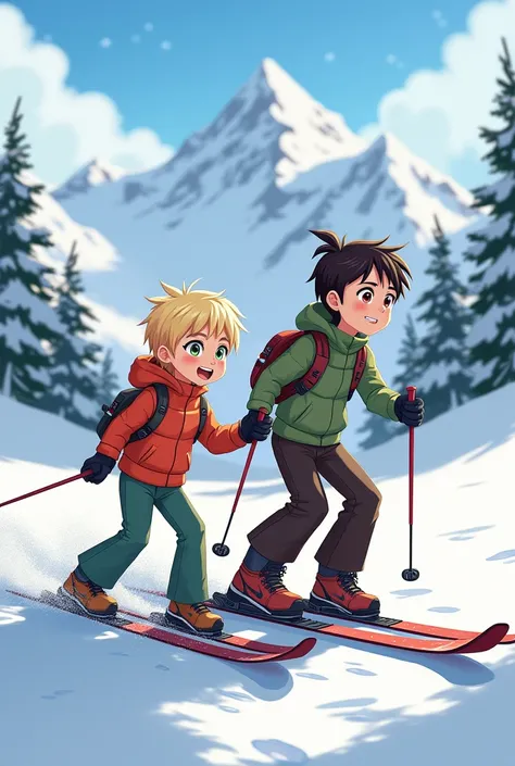 Two friends, a short blond with short hair and green eyes, a taller dark one with a tuft and with brown eyes having fun skiing in the mountains, realistic