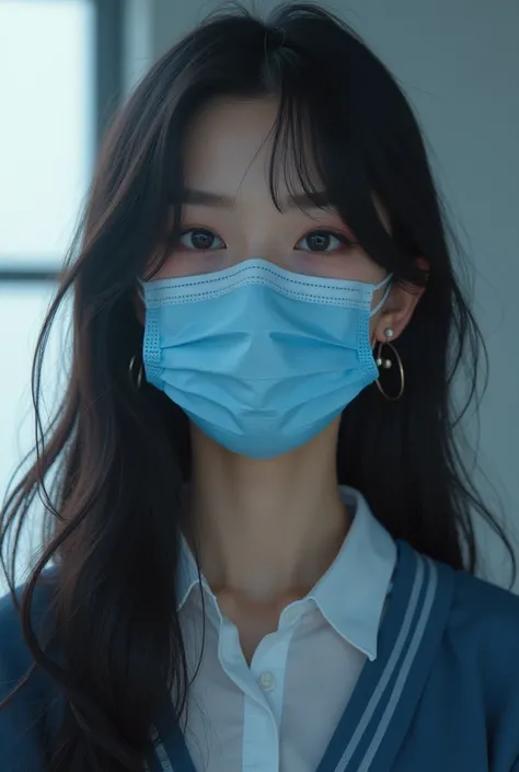  Korean high school boy wears blue surgical mask . Long hair. large breasts and school uniform clothing .  Her face is beautiful and makes her look sexy .  She has with a weight of about 50kg white skin  