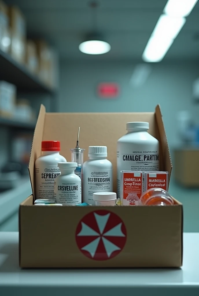 Generate a box of medicines with the brand umbrella corporation 