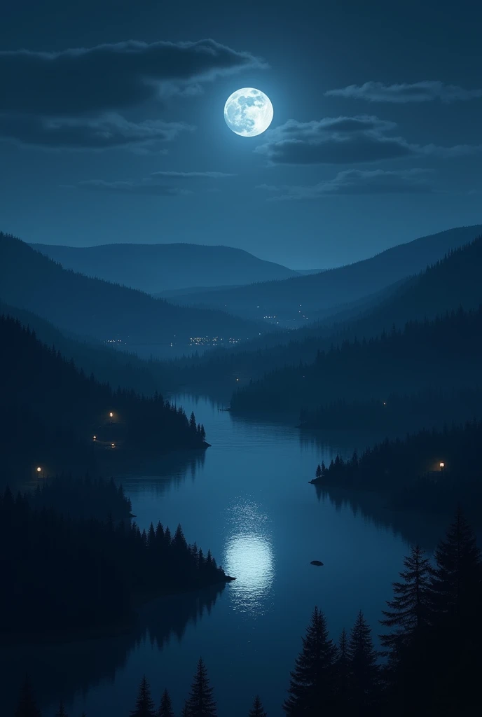 Lake landscape at night from above
