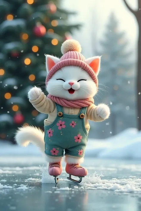 White fluffy cat skates on ice, wearing cap, sweater and floral overalls, background Christmas tree and snow