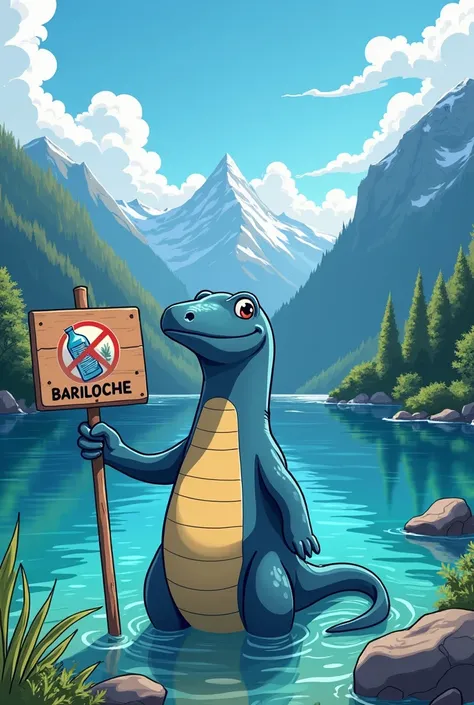 Create a sticker of an aquatic pleciosaurus in cartoon format on a lake surrounded by mountains holding a sign stating that a plastic bottle is prohibited and there is a sign that says BARILOCHE, vibrant colors,  lush vegetation , reflections in the water,...