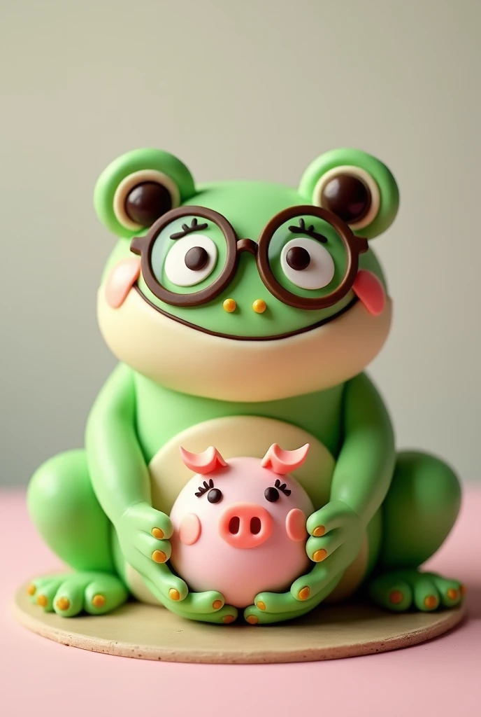 A cute frog-shaped cake with glasses holding a cute little pig-shaped cake