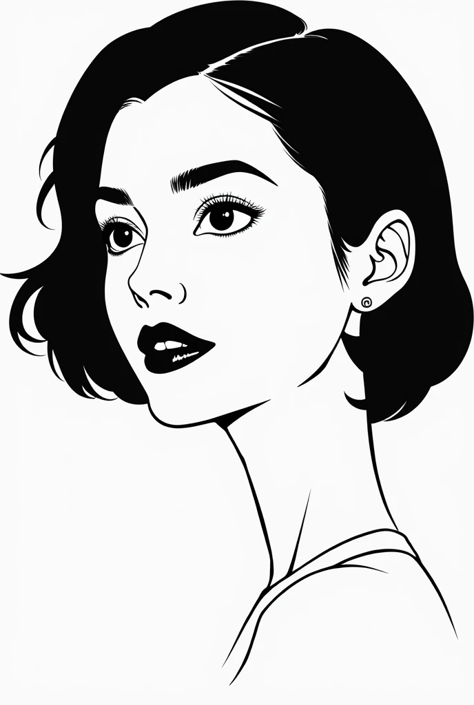 black and white clipart image of pretty woman, short hair, upper body