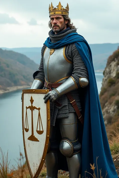 Generate an image of a 45 year old King. He is tall, broad-shouldered, lean and handsome. He has dark brown hair with grey lines. He has blue eyes. He is a warrior and he wearing full silver-grey armour trimmed with gold. He wearing blue cloak. He is weari...