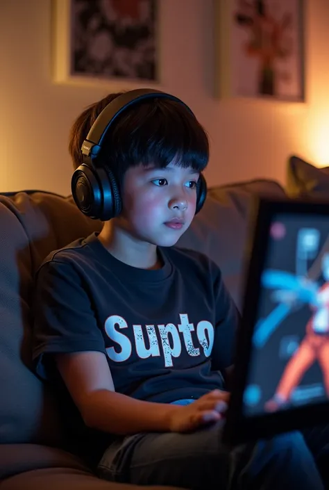 Make a boy photo who is sitting in a sofa. Playing free fire. In the t-shirt of the boy is printed a logo called supto. in RPG