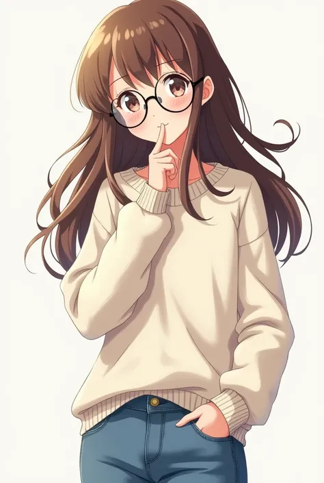 anime, a girl, with brown hair, She wears a white sweater ,  she wears round glasses and calsa jeans