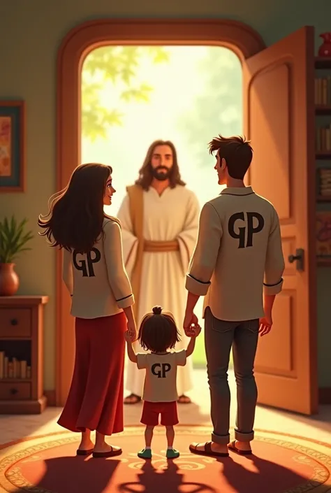 A current family receiving Jesus Jesus at the door seen from behind whose clothes the initials GP Disney type animation