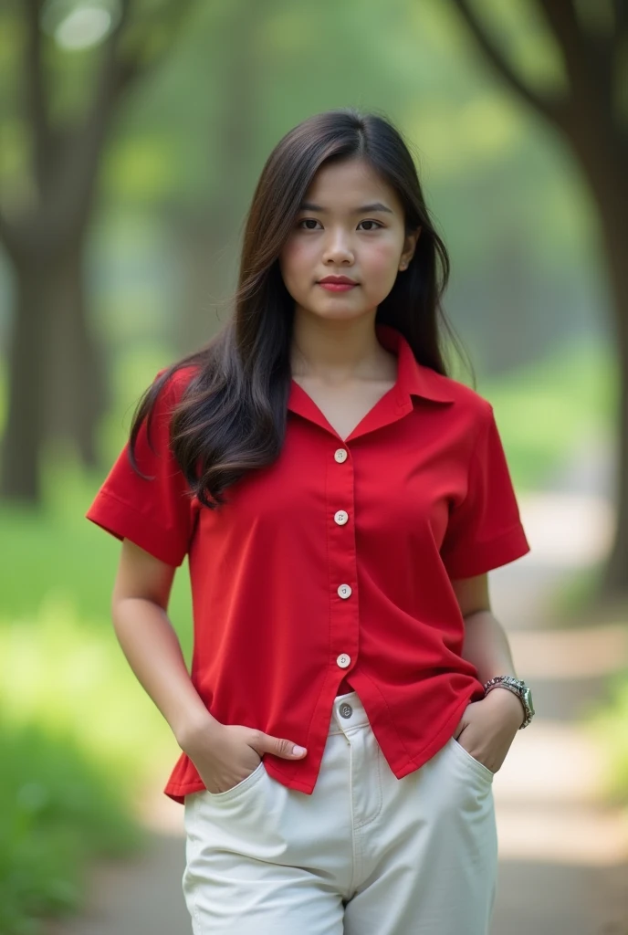 (8K, best quality, high-resolution:1.35),(Raw photo:1.2), (Photorealsitic:1.37), (amateur: 1.25), ((full body)), close up, Indonesian girl, innocent, cute, chubby, round face, shy, shame,red shirt, white trousers, cleavage, walking in park