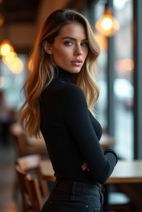 .Photo of a half-turned woman in a trendy cafe with lots of windows :: 3 trends ,  modern fitted clothes ,  that highlight her perfect body  :: 2 Photo taken with Canon 6D Mark II with an 85 mm lens at f / 4 and ISO 100  :: 3 Glamorous shot ,  awarded phot...