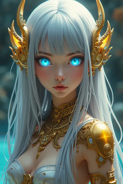 Goddess of beautiful technology ,  silver hair shiny dark gray ,  fictitious bright yellow gold skin ,  electronic blue eyes without pupils like blind people, Aztec, anime.