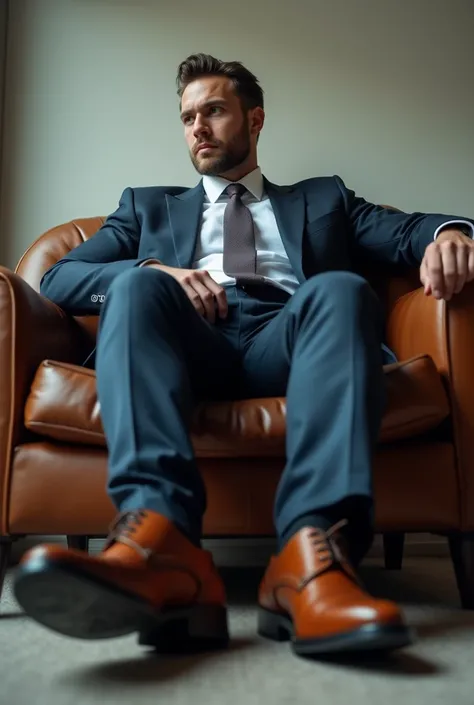 muscular man in office attires, sitting on a sofa showing feet Low angle